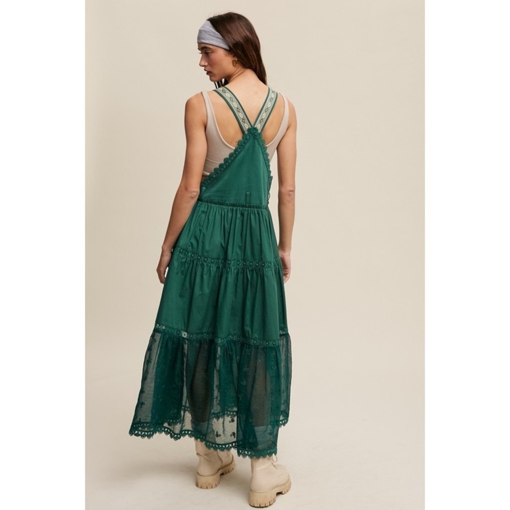 LISTICLE Forest Green Lace Embroidered Maxi Skirtall | Boho Overall Jumper - Picture 7 of 11
